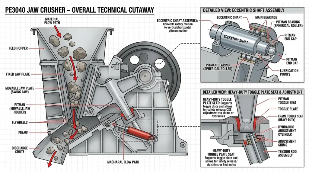 A high-resolution technical cutaway of the PE3040 Jaw Crusher, highlighting the eccentric shaft assembly and the heavy-duty toggle plate seat.