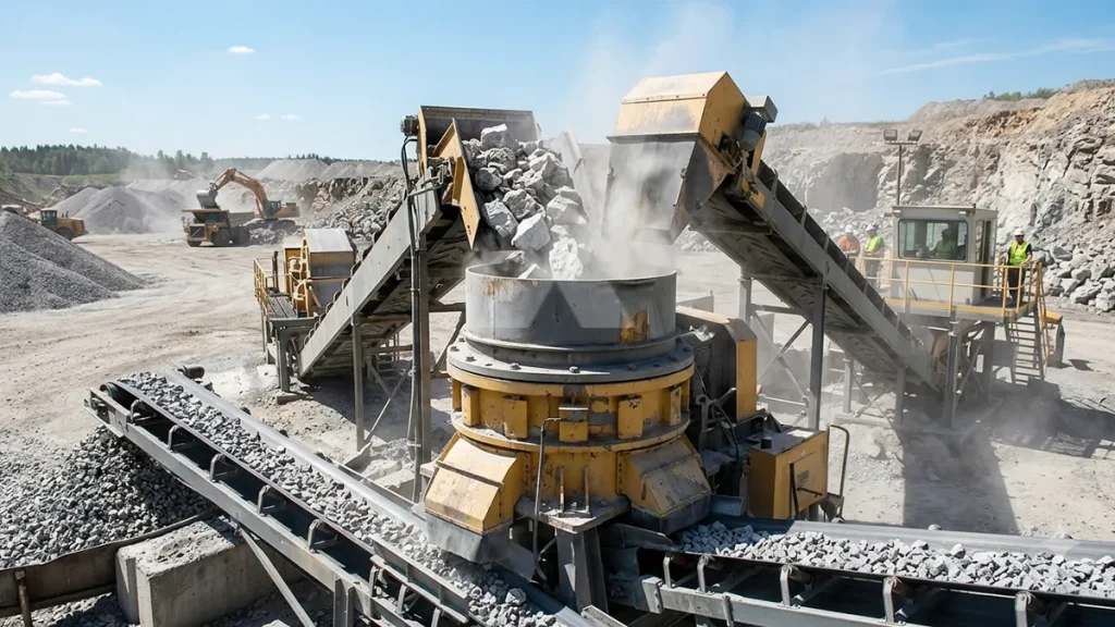 The cone crusher processed granite with a hardness of 200 MPa.