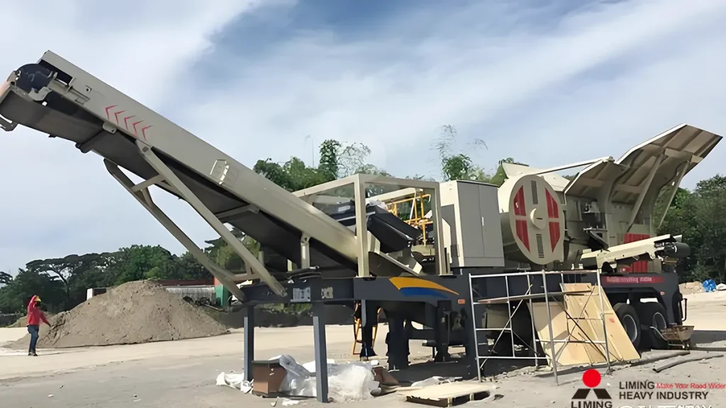 Forensic inspection of the heavy-duty hydraulic leveling legs deployed on an NK300H mobile crusher, ensuring absolute 0-degree topographical alignment prior to startup
