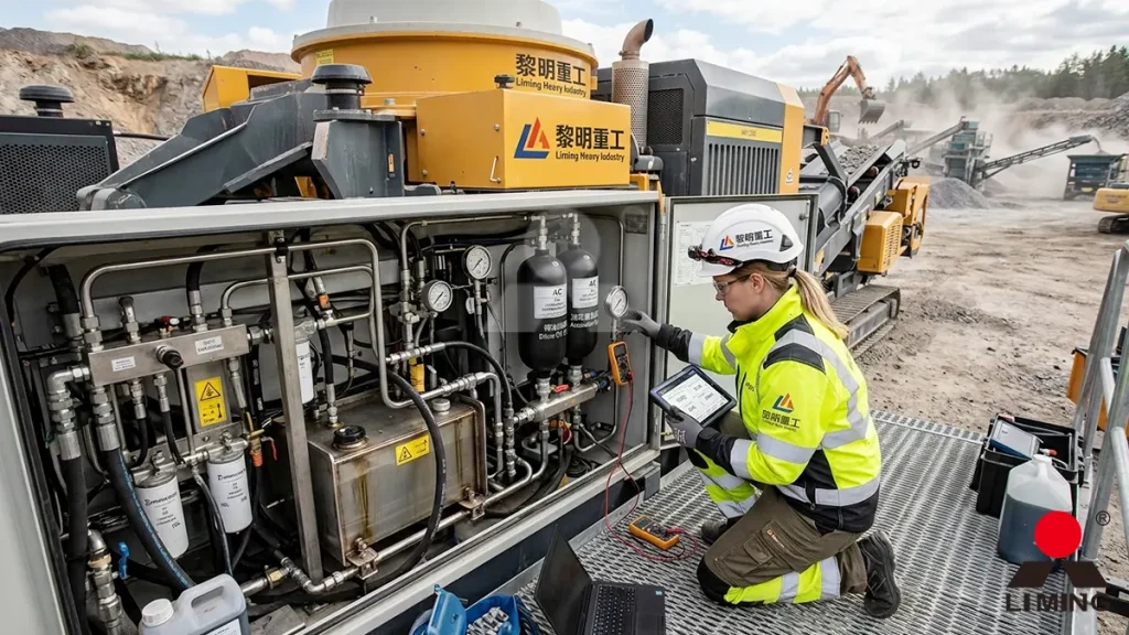 Maintenance technician executing a diagnostic check on the enclosed thin-oil lubrication and hydraulic accumulator station of a mobile cone crusher